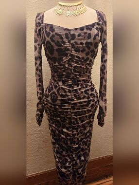 Revamped Brown Leopard Print Long Sleeve Ruched Bodycon Dress